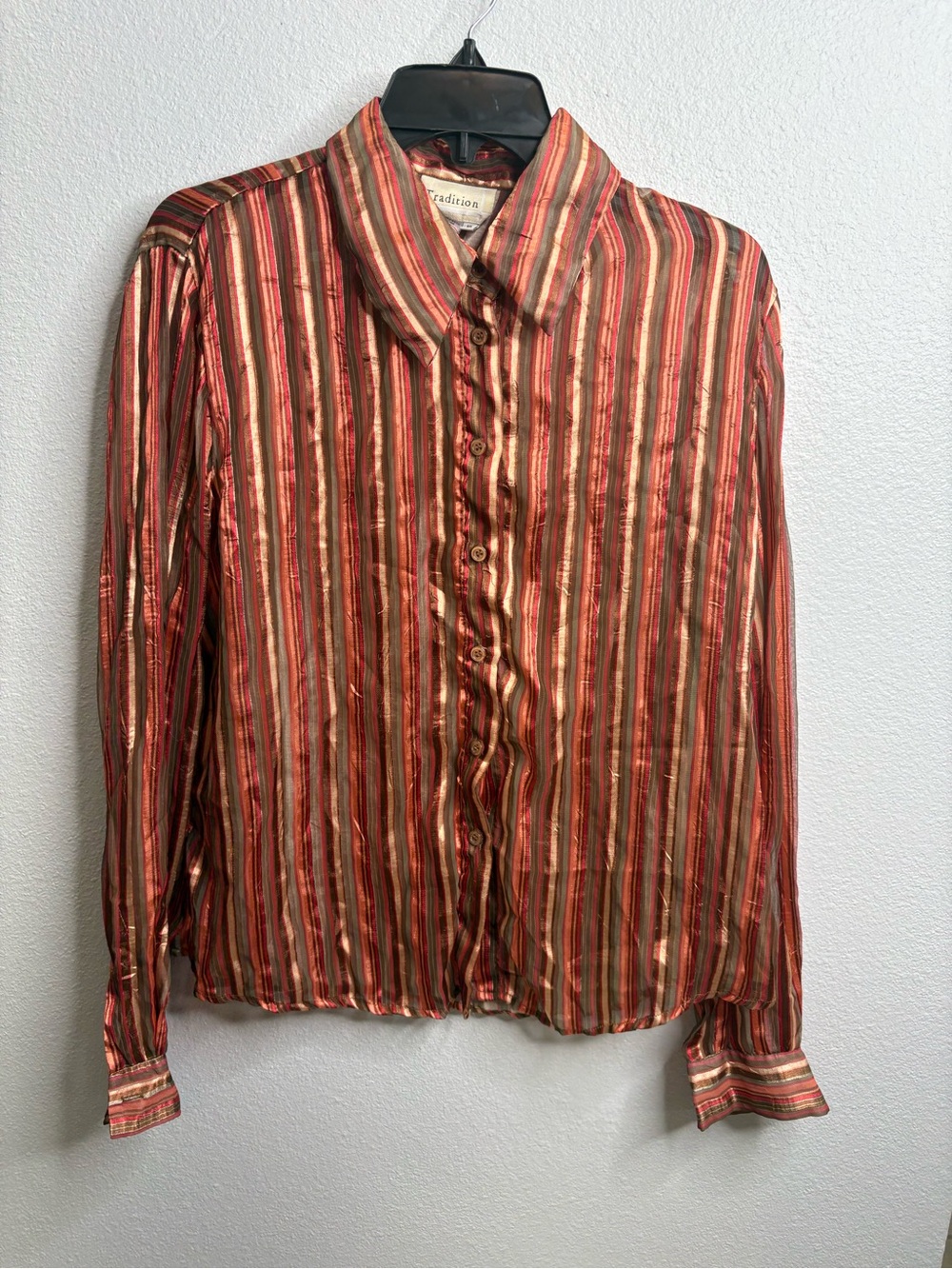 Tradition Size 10 Sheer Striped Button Up Blouse